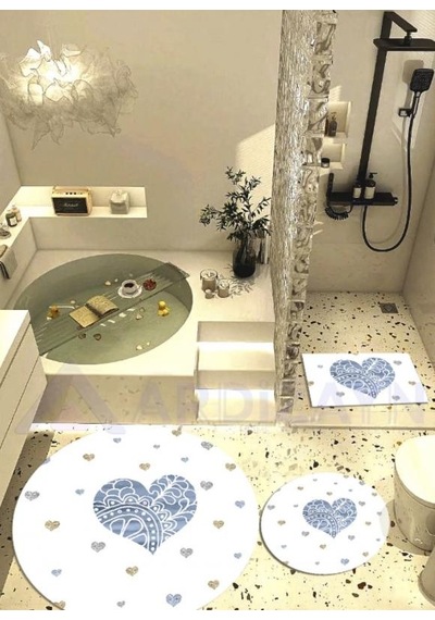 Mavi Kalpler, Dokuma Taban Yuvarlak Banyo Halısı 100x100-60x60-40x60 Cm 3 Lü Set Arb8082 Çok Renkli