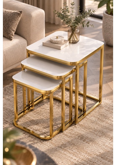 Sulorahome Beyaz 3'lü Zigon Sehpa Seti Gold Metal Ayaklı