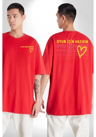 Oyun İçin Hazırım Kalp Kırmızı Oversize Unisex Ön Ve Sırt Baskılı Tişört Kırmızı