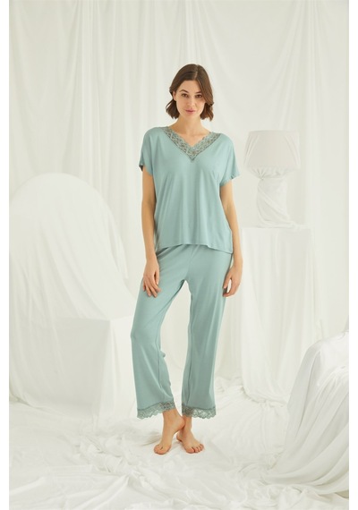 Monamise Kadın V Yakalı Kısa Kollu Dantelli Pijama Takımı 18465-açık Yeşil Açık Yeşil