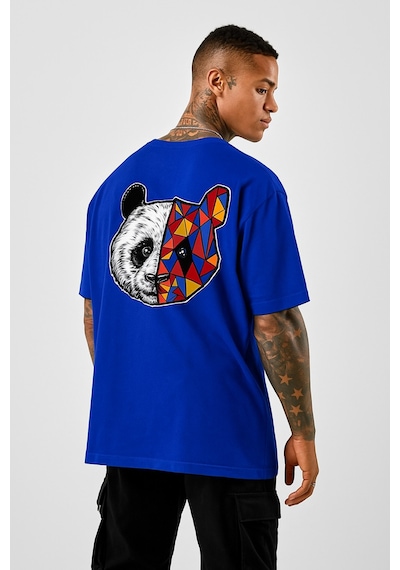 Panda Baskılı Oversize Siyah T-shirt Saks Mavisi