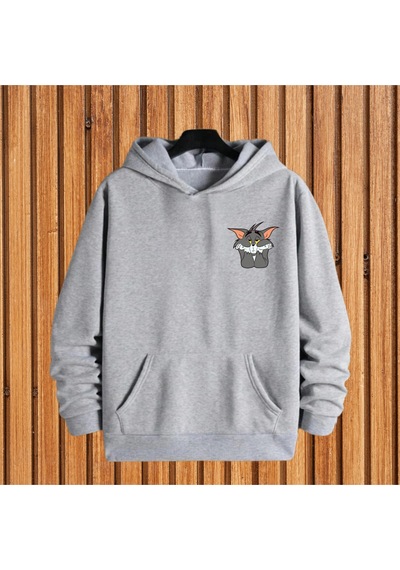 Tom Baskılı Oversize Unisex Kapüşonlu Sweatshirt Gri