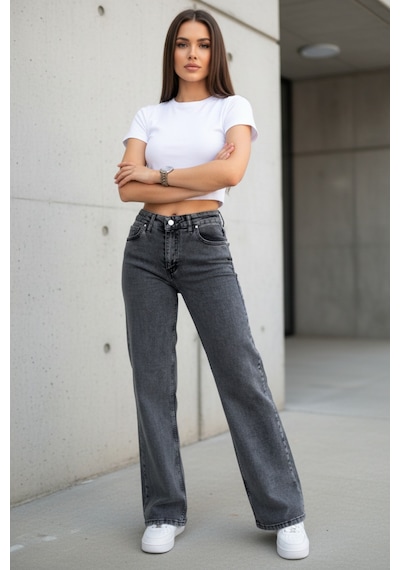 Woddi Nova Kadın Yüksek Bel Füme Salaş Jeans Wide Leg Geniş Paça Palazzo Kot Pantolon
