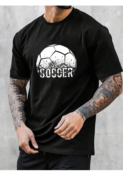 Soccer Ball T-shirt - Siyah Baskılı Oversize Bisiklet Yaka Kısa Kol Tişört Siyah