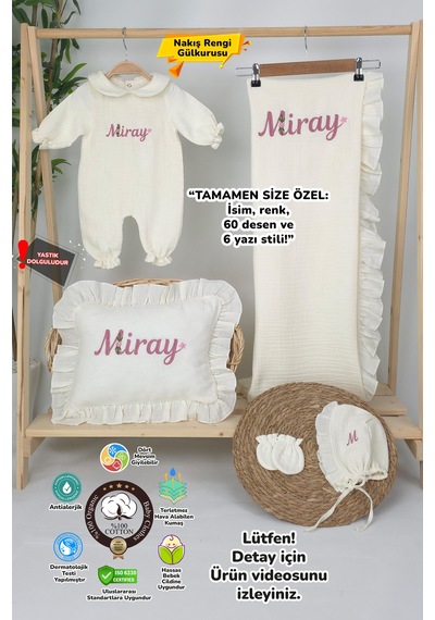 Gros Shop Müslin Yeni Doğan 4katlı Organik %100pamuk Kişiye Özgü Nakışlı Hastane Çıkış Seti Papatya Model-12 Ekru-2