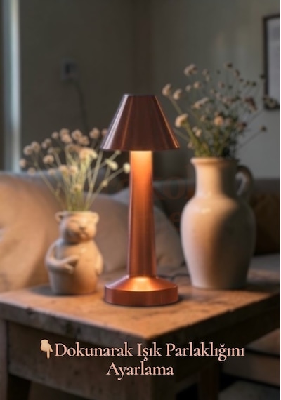 Dokunmatik Masa Ve Gece Lambası Dokunmatik Lamba Abajur Led Şarjlı Masa Lambası Ledli Rose Gold 23cm