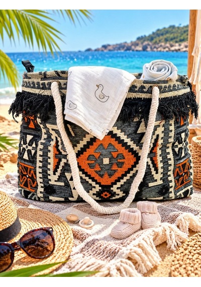 Etnik Desenli Kilim Omuz Ve Plaj Çantası 50x30 Cm Açık Gri