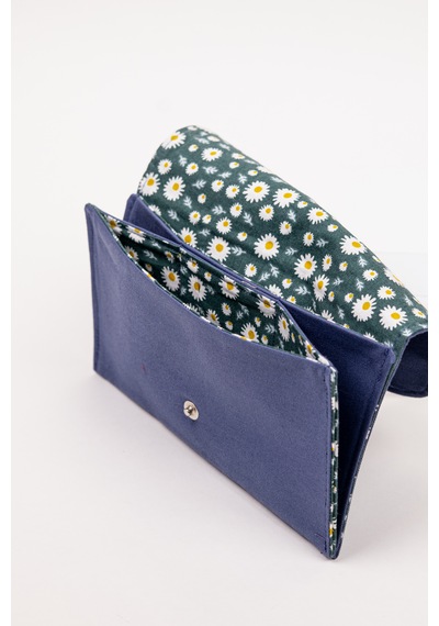 Fabric Craft Bag Kadın Cüzdan Mavi Duck Kumaş Çıtçıtlı Papatya Desenli 21x12 Cm
