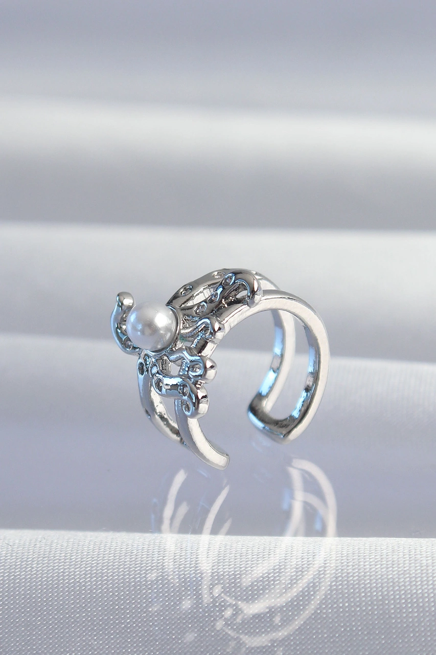 Pirinç Gümüş Renk İncili Ahtapot Earcuff Küpe Çr