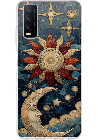Printify Vivo Y20s İle Uyumlu Vitray Sol Ve Luna Tasarımlı Şeffaf Silikon Kılıf Şeffaf