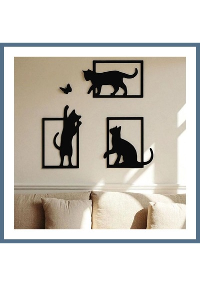 Buradabulabilirsin 3d Baskı Kedi Ve Kelebek Duvar Dekoru 3'lü Set Siyah Kedi Silüeti Duvar Süsü Bbz