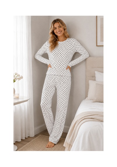 Fit Women Kadın Kalpli Uzun Kol Rahat Pijama Takımı 4673 Beyaz