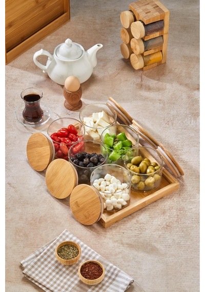 Borosilikat Camlı 6'li Yuvarlak Bambu Kapaklı Kahvaltı Takımı, Tepsili Ckr3454 Diğer