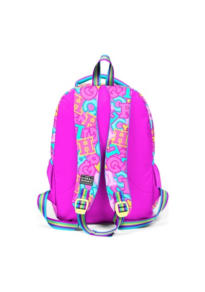 Coral High Üç Bölmeli İlkokul Okul Çantası - Kız Çocuk - Pembe Su Yeşili Harf Baskılı - 33241