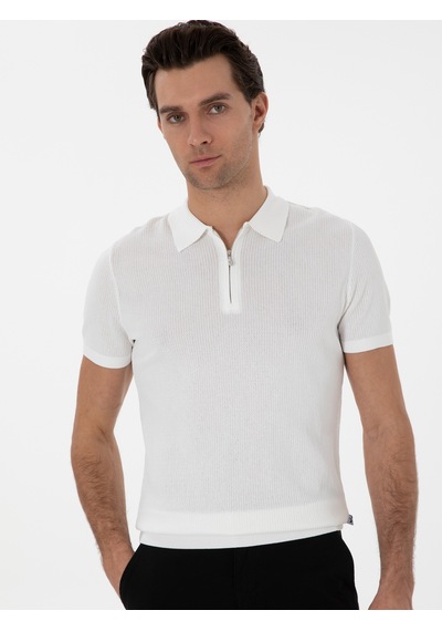 Ekru Slim Fit Fermuarlı Polo Yaka Triko T-shirt Bej