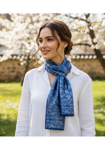 Blue Blossom Desen Şık & Zarif Kadın Aksesuarı Saten Fular 30x165cm Çok Renkli