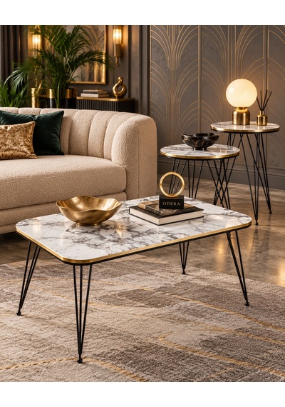 Odera Efes Beyaz Mermer Desenli Orta Sehpa Ve Yuvarlak Zigon Sehpa 4'lü Set Siyah Tel Metal Ayaklı Retro Modern Salon Sehpası Diğer