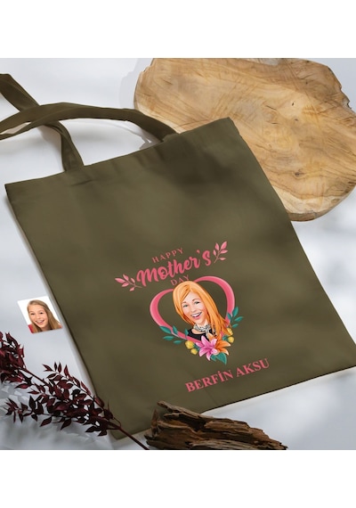 Bk Gift Kişiye Özel Anneler Günü Karikatürlü Haki Kumaş Bez Çanta, Baskılı Omuz Çantası, Alışveriş Çantası, Anneye Hediye-5 Haki