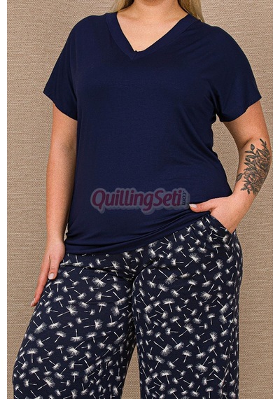 Lady Lacivert Renk, 11066 Pamuklu Büyük Beden Geniş Paça Anne Pijama Takımı Lacivert - Beyaz