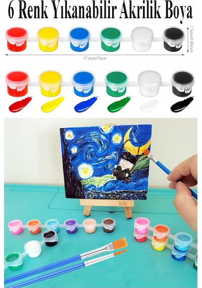Mini Şövale 15x15 Cm Tuval 3 Ml Akrilik Boya 6 Renk Ve Fırça 1 Paket 15x15 Mini Tuval Masaüstü Küçük Şövale Boyama Seti