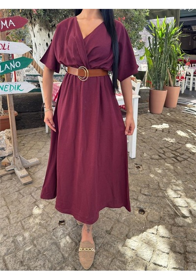 WeShaya Bordo Kruvaze Kemerli Saten Elbise Bordo