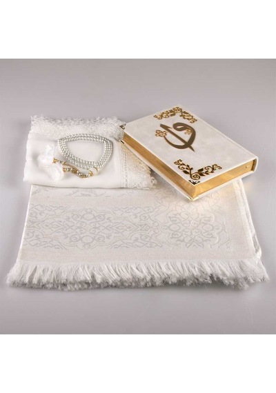 Şal + Seccade + Tesbih + Kuran Set Hafız Boy Kadife Beyaz