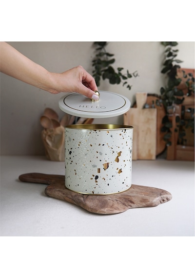 Terrazzo Cream Desenli Topuz Kulplu Yuvarlak Metal Saklama Kabı 17.5 x 15.5 CM 3.5 L Çok Renkli