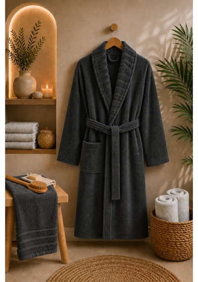 Carla Havlulu Bornoz Seti Unisex Bornoz + 50x90 Baş Havlusu, Yumuşak Dokulu, 340 Gsm, S/m - L/xl Antrasit Gri