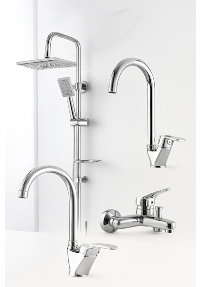 Krom 4lü Set Banyo Bataryası Eviye Bataryası Lavabo Bataryası Duş Tepe Yağmurlama Seti Özel Seri Krom