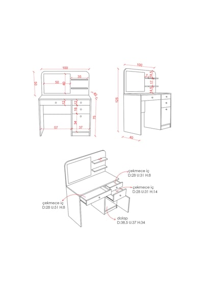 Modern Çekmeceli Aynalı Makyaj Masası %100 Mdf Takı Düzenleyici Dolap Mam02 Beyaz