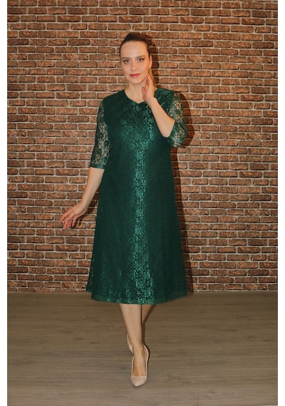 Nidya Moda Büyük Beden Sıfır Yaka Dantel Elbise-4036Y Çok Renkli
