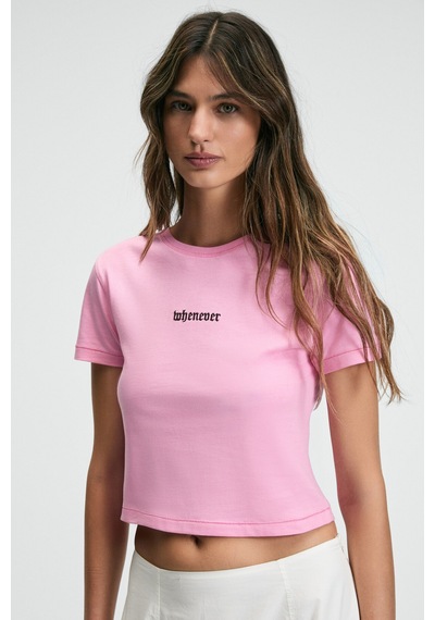 Ethıquet ZERAYA Kadın Bisiklet Yaka Kısa Kollu Önde Nakış Detaylı Crop Pembe T-Shirt