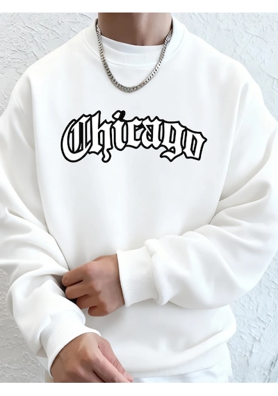 Startmore Tarzsokak Chicago Letter Baskılı Erkek Sweatshirtleri Kışlık Bisiklet Yaka Kapüşonlu Sokak Stili Polar Beyaz