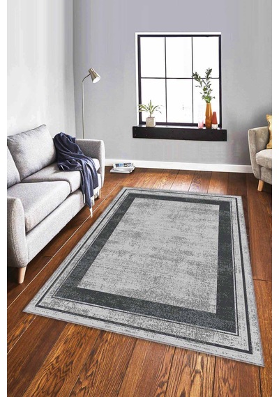 Gri Çerçeveli Kaymaz Tabanlı Makinede Yıkanabilir Halı Ar399