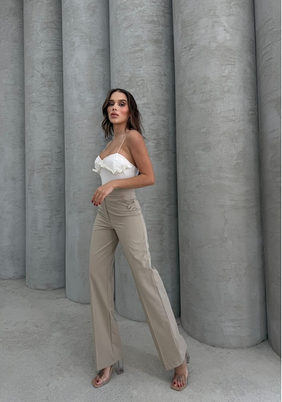 Krem Cep Düğme Detaylı Pantolon Krem