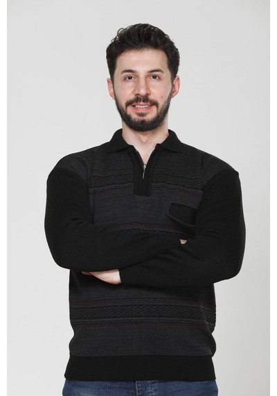 Kzc Tekstil Erkek Baba Orta Yaş Ve Üzeri Triko Örgü Akrilik Kışlık Regular Fit Cepli Fermuarlı Polo Yaka Kazak Siyah