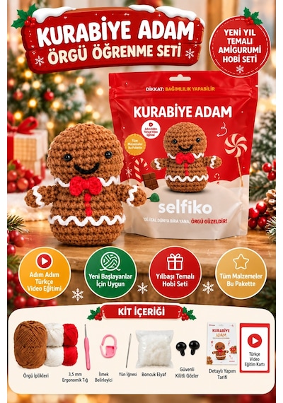 Selfıko Kurabiye Adam Örgü Öğrenme Seti Yılbaşı Yeni Yıl Amigurumi Başlangıç Hobi Kiti Çok Renkli