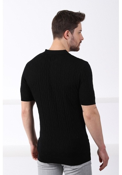 Ferraro Siyah Polo Yaka Fermuarlı Erkek Pamuk Triko T-Shirt-Siyah (417942689) Siyah