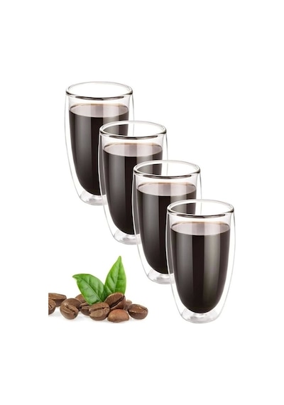 4lü Çift Cidarlı Cam Bardak 300 Ml Pipetli Çay Kahve Sunum Bardağı Isıya Dayanıklı Kupa Bardak Seti