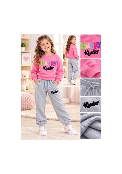 Uğur Bebe %100 Pamuk Kız Çocuk Eşofman Takımı Pembe Gri Happy Kinder Baskılı Sweatshirt Jogger Alt Spor Takım Pembe Pembe
