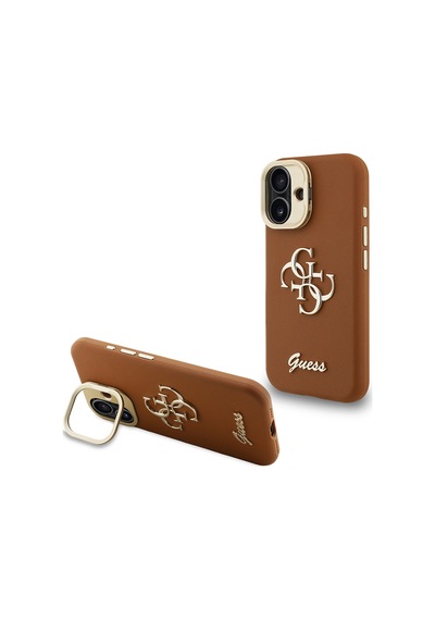 Apple iPhone 16 Uyumlu Kılıf Guess  Lisanslı Grained Yazı Logolu Kamera Standlı Kapak Kahverengi