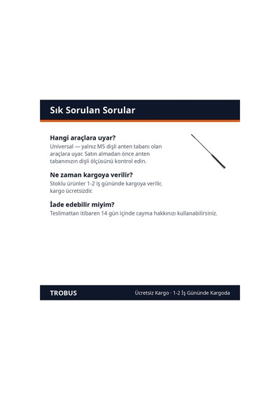 Trobus Oto Anten Kısa Çubuk M5 Dişli 30 Cm Siyah