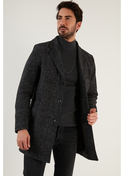 Buratti Slim Fit Tek Yırtmaçlı Düğmeli Mono Yaka Kaşe Erkek Kaban 5840098 Antrasit Ekoseli