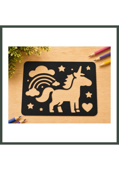 Bezos 3d Baskı Unicorn Ve Gökkuşağı Çizim Şablonu - Desen Kalıbı - Siyah Nhr