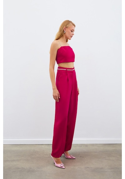Sateen Taş Kemerli Saten Pantolon - Mercan-134979 Mercan