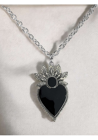Gotik Kalp Kolye Yaprak Siyah Kalp Zincir Kolye 60 Cm Çok REnkli