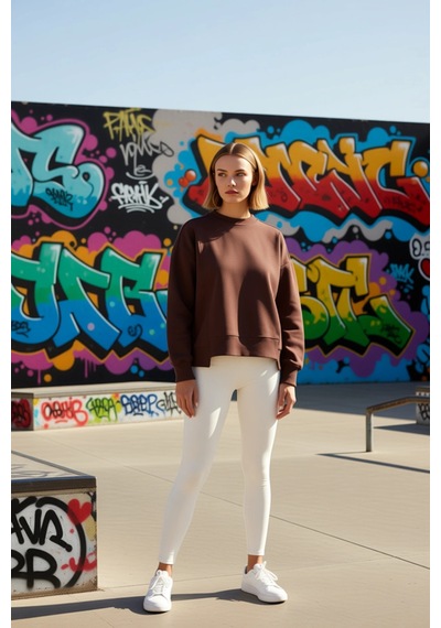 Benerly Kadın Bisiklet Yaka Düşük Kol Pamuk Sweatshirt Fonksiyonel D Koyu Kahverengi