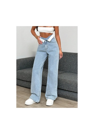 Kene Jeans Yüksek Bel Kemer Yakalı Bol Paça Jeans Mavi