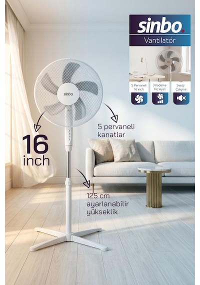 Sf-7704 Ayaklı Vantilatör 16 İnç 35w Sessiz Fan 3 Kademeli Yükseklik Ayarlı Ev Tipi