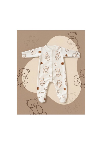Minory Baby - Patikli Bebek Tulumu Ayıcık Motifli Kahverengi Kahverengi